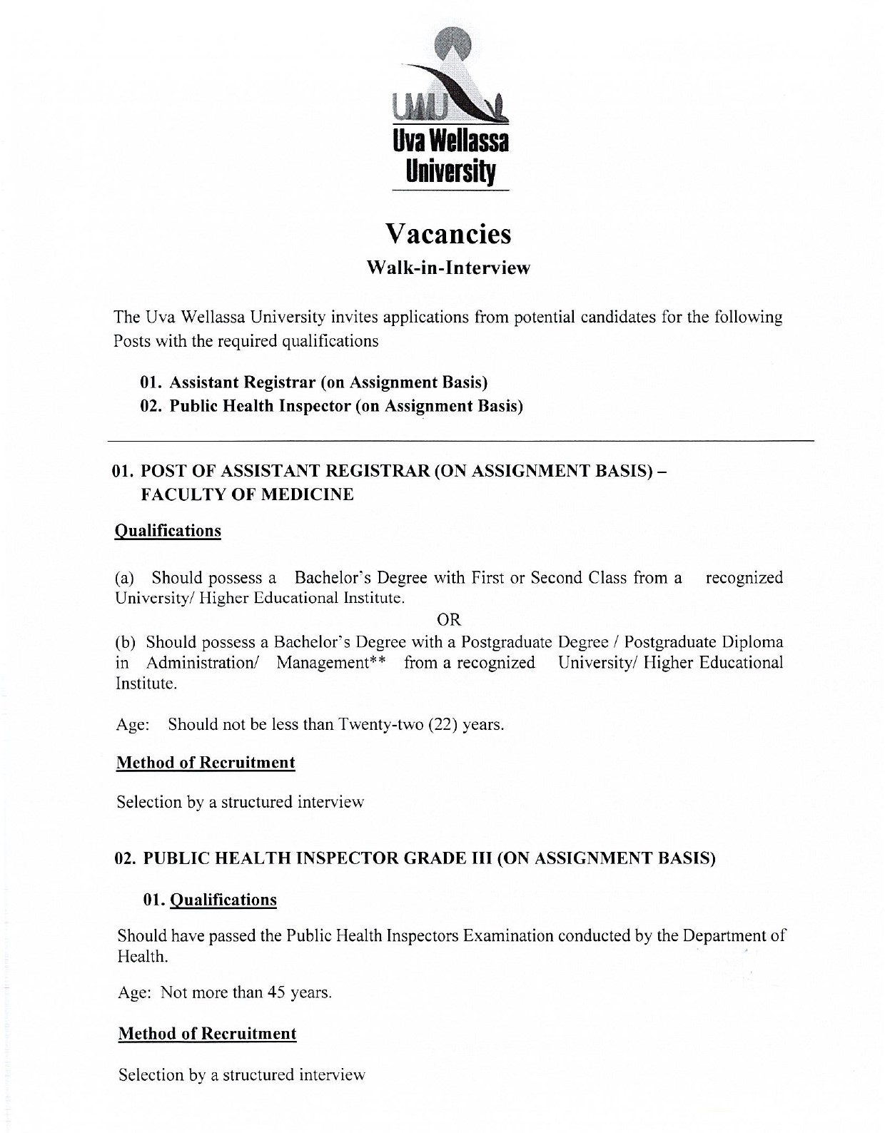 Assistant Registrar, Public Health Inspector - Uva Wellassa University