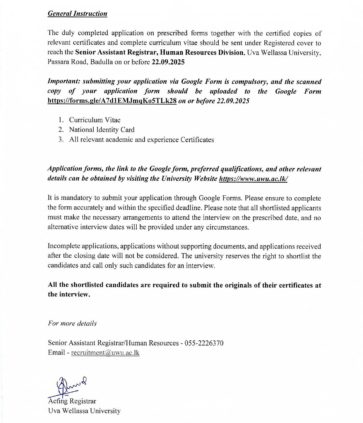 Assistant Registrar, Public Health Inspector - Uva Wellassa University