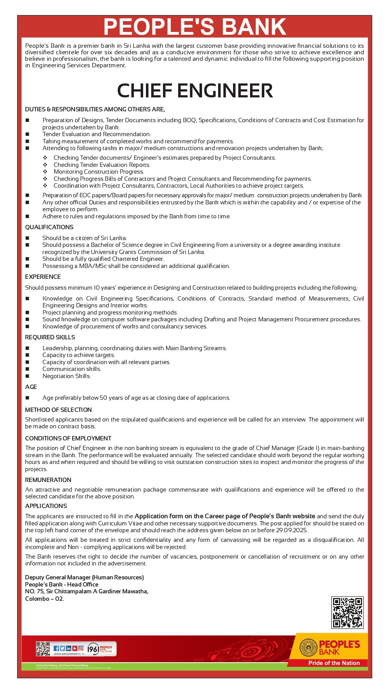 Chief Engineer, Civil Engineer - People’s Bank