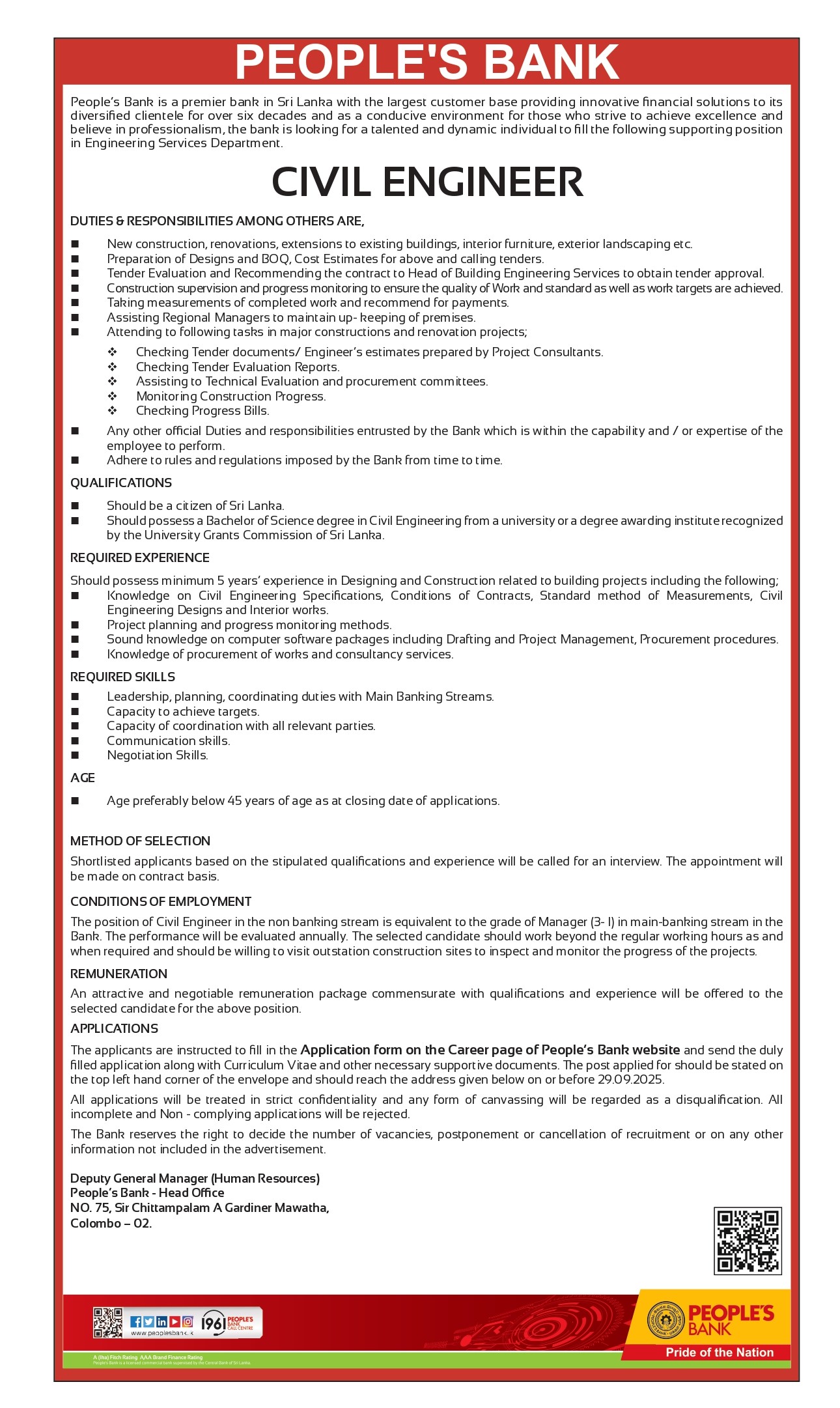 Chief Engineer, Civil Engineer - People’s Bank