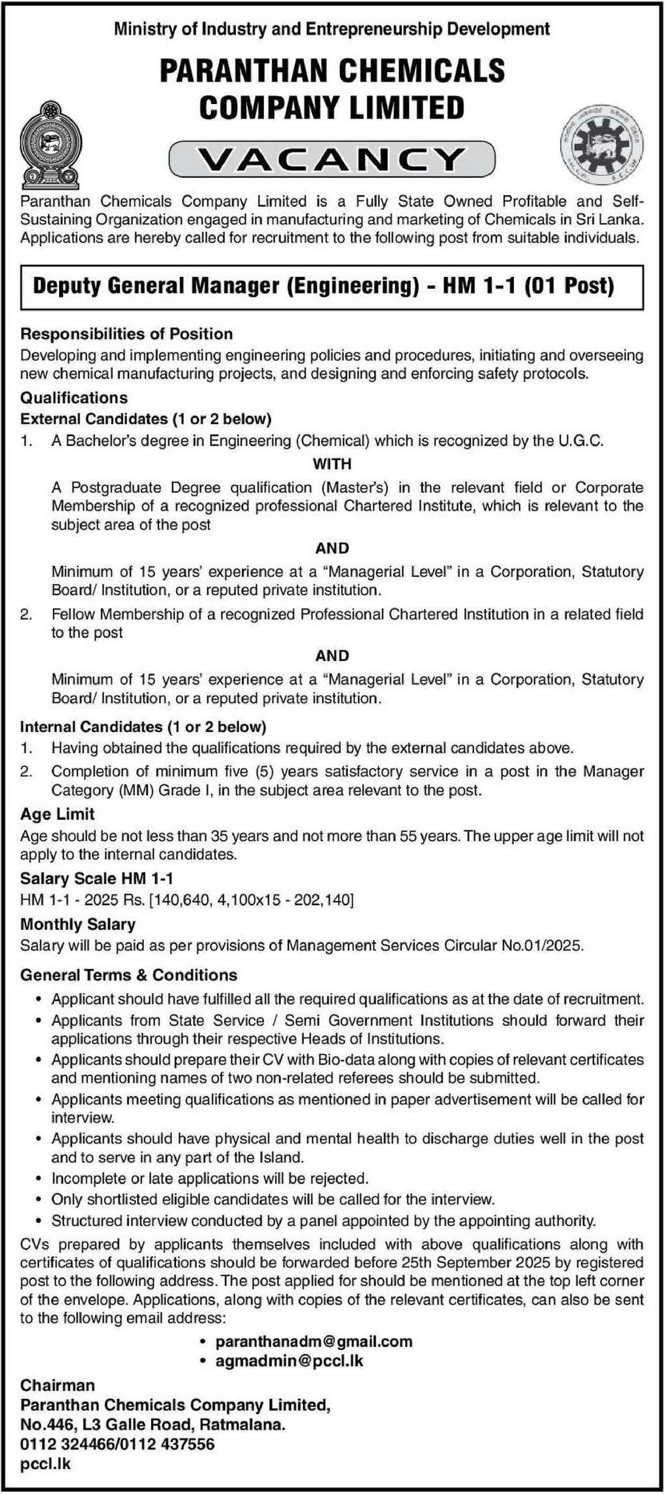 Deputy General Manager (Engineering) - Paranthan Chemicals Company Limited