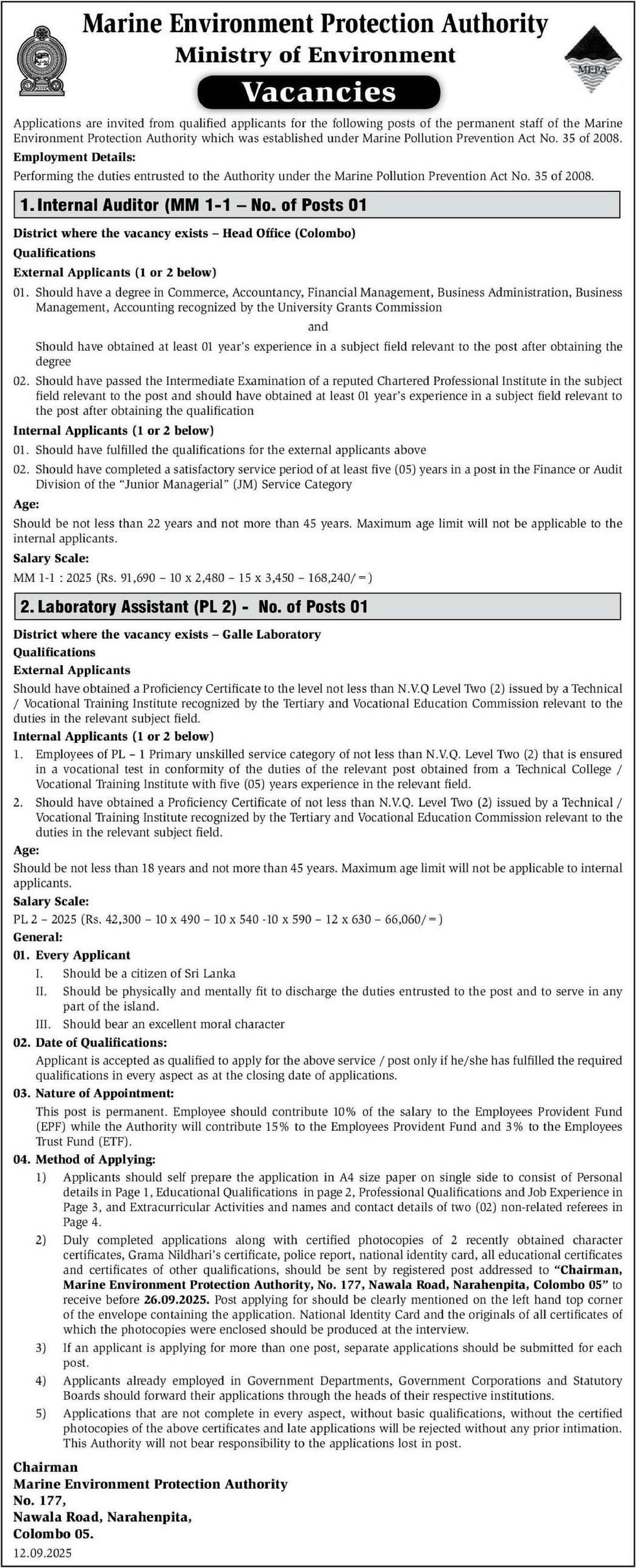 Internal Auditor, Laboratory Assistant - Marine Environment Protection Authority