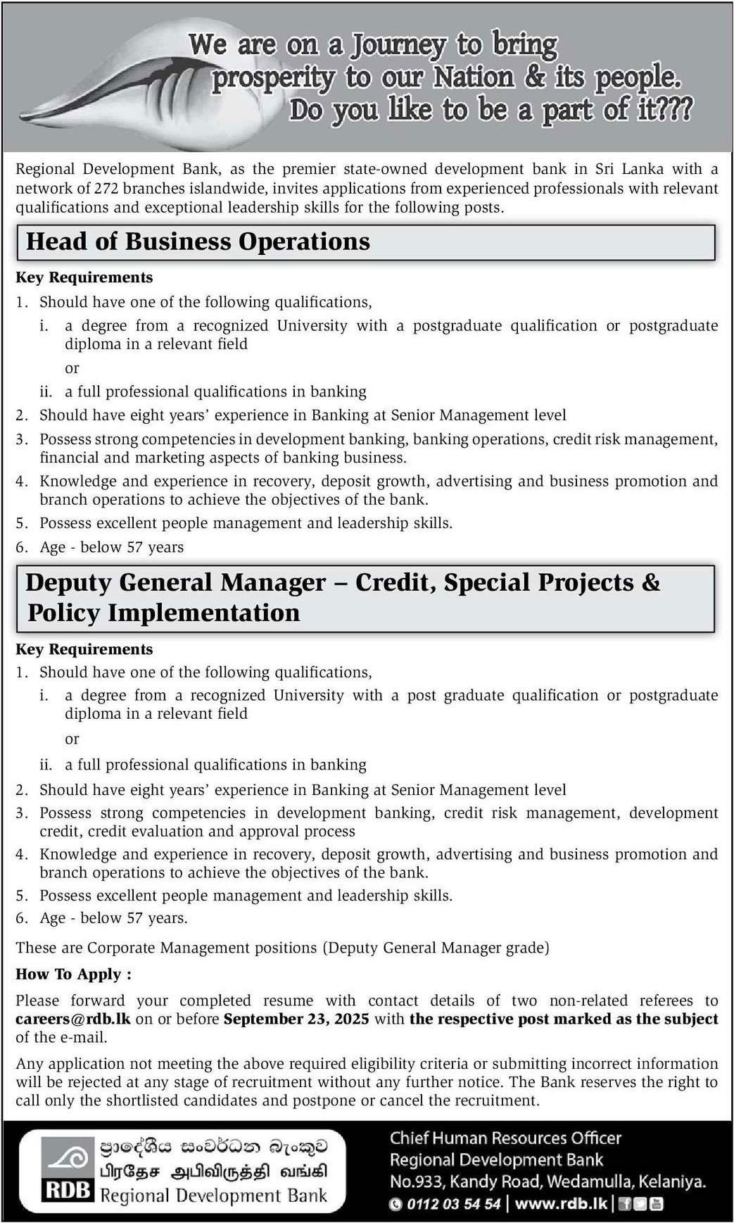 Head of Business (Operations), Deputy General Manager - Regional Development Bank