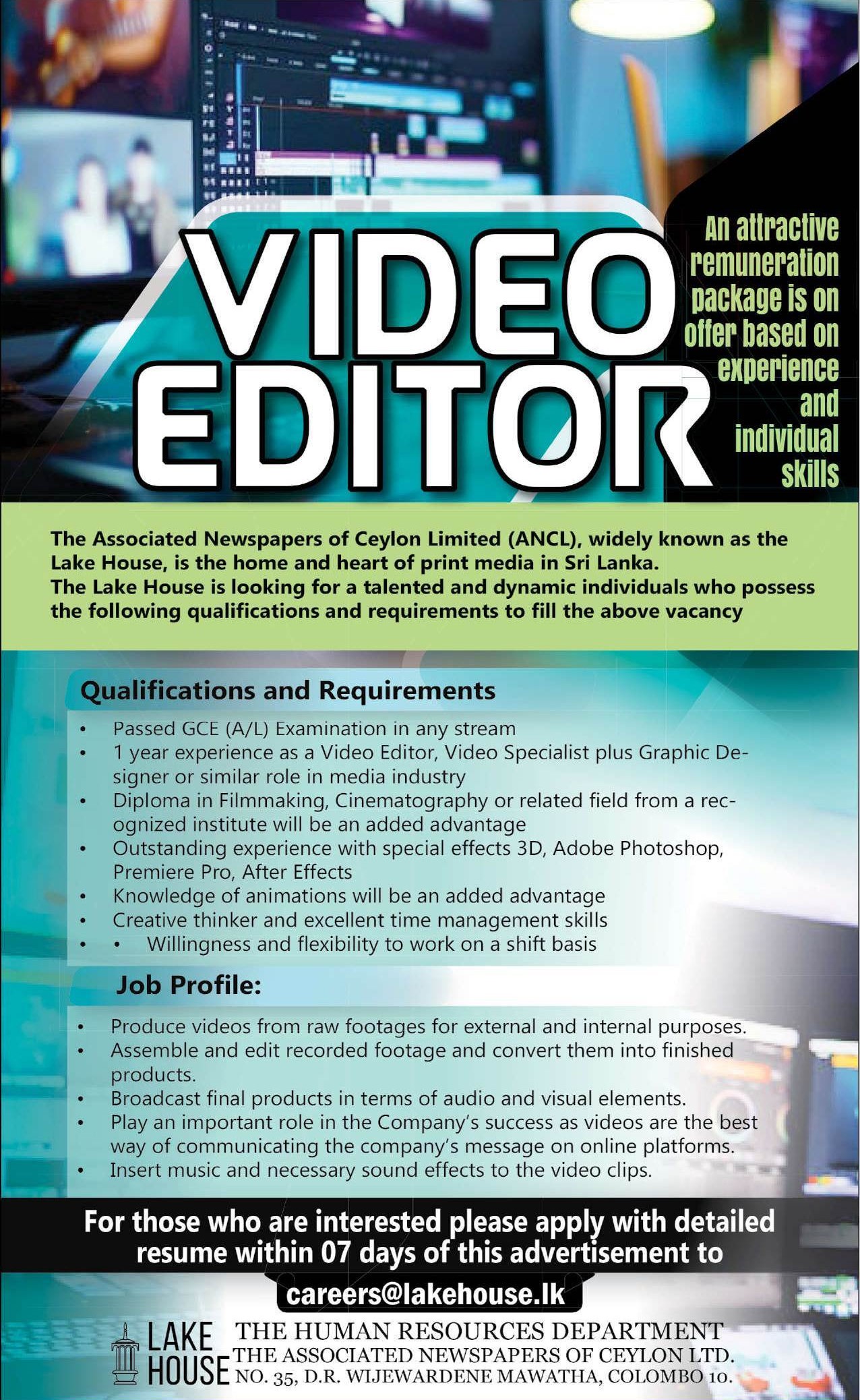 Video Editor - The Associated Newspapers of Ceylon Limited