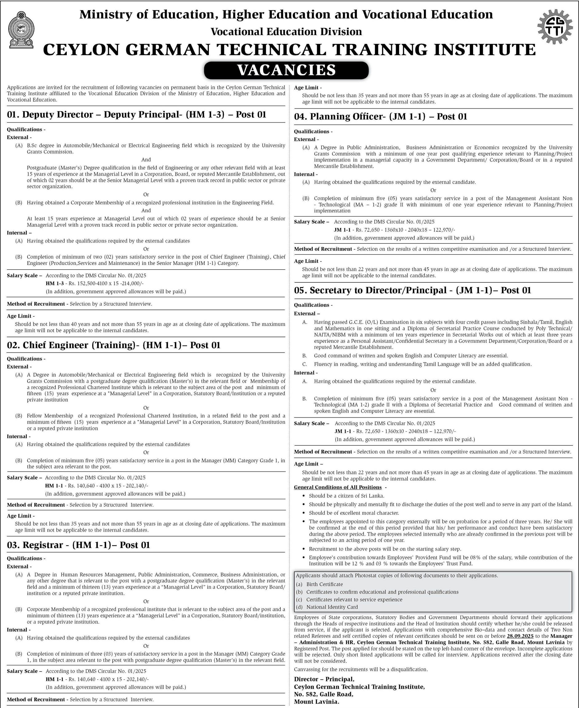 Deputy Director, Chief Engineer, Registrar, Planning Officer, Secretary to Director/Principal - Ceylon German Technical Training Institute