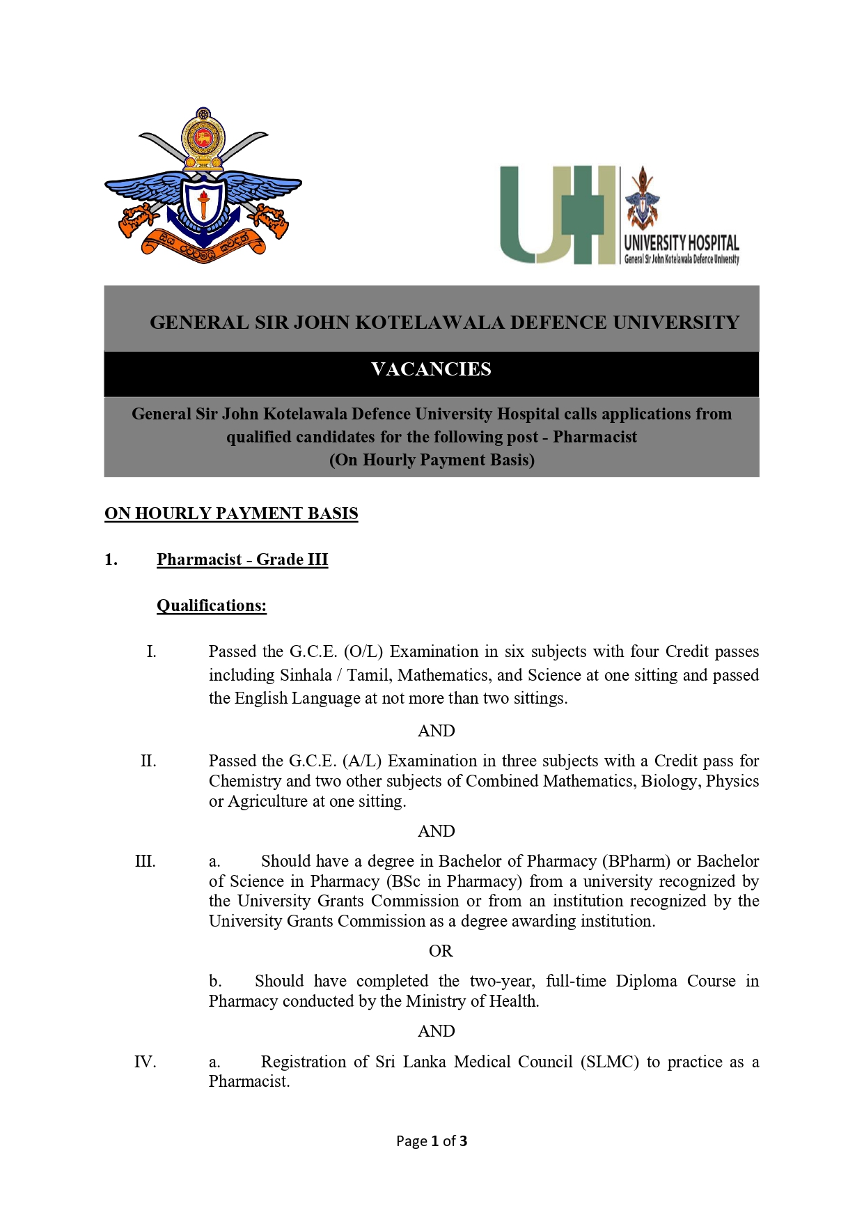 Pharmacist, Call Centre Agent - General Sir John Kotelawala Defence University