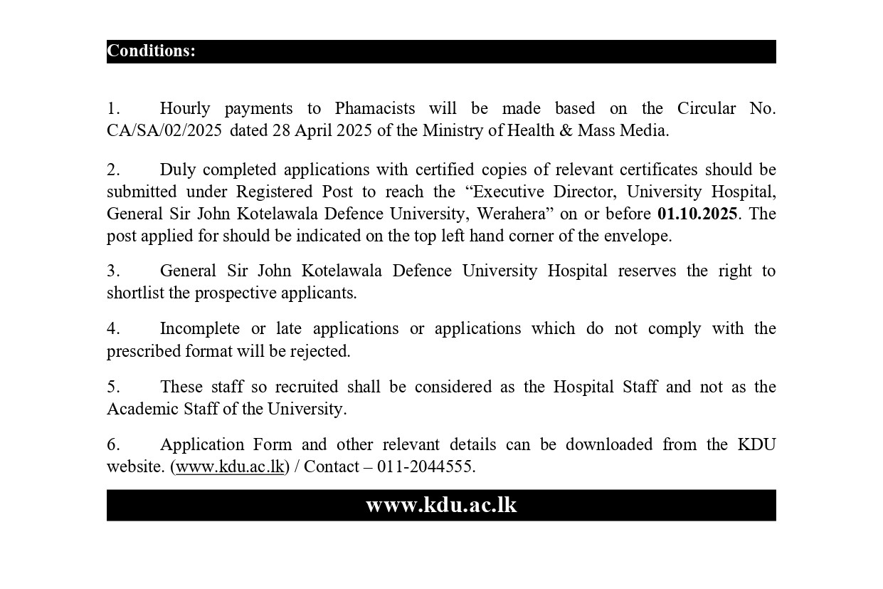 Pharmacist, Call Centre Agent - General Sir John Kotelawala Defence University