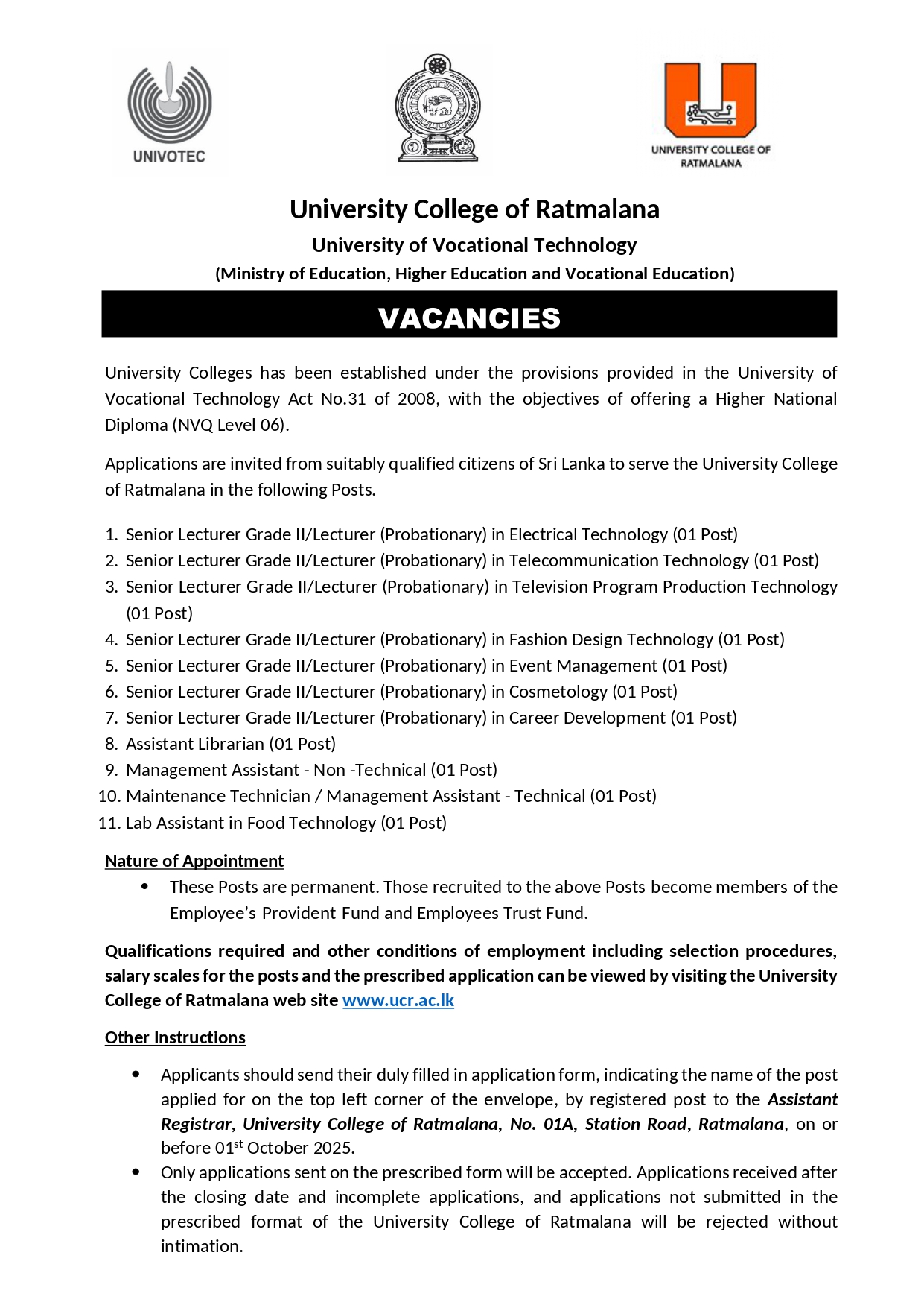 Management Assistant, Senior Lecturer, Lecturer, Assistant Librarian, Maintenance Technician, Lab Assistant - University College of Ratmalana