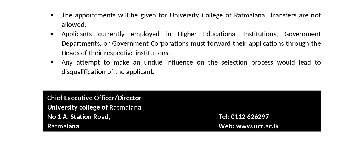 Management Assistant, Senior Lecturer, Lecturer, Assistant Librarian, Maintenance Technician, Lab Assistant - University College of Ratmalana