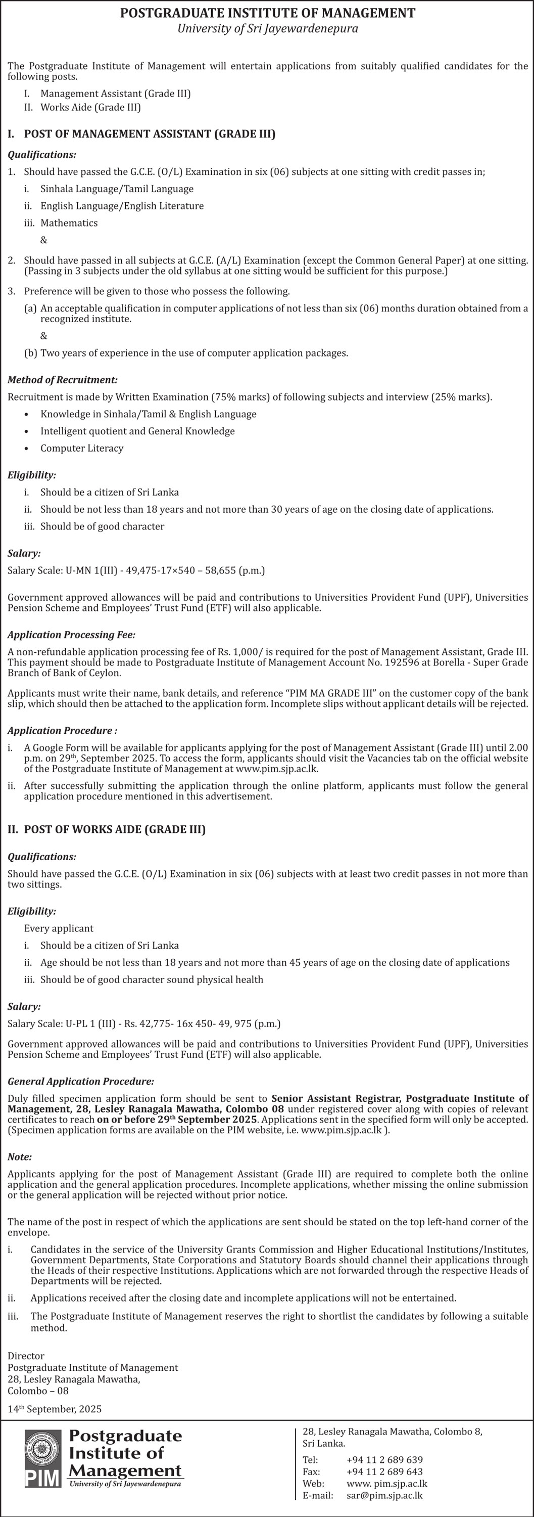 Management Assistant, Works Aide - Postgraduate Institute of Management - University of Sri Jayewardenepura