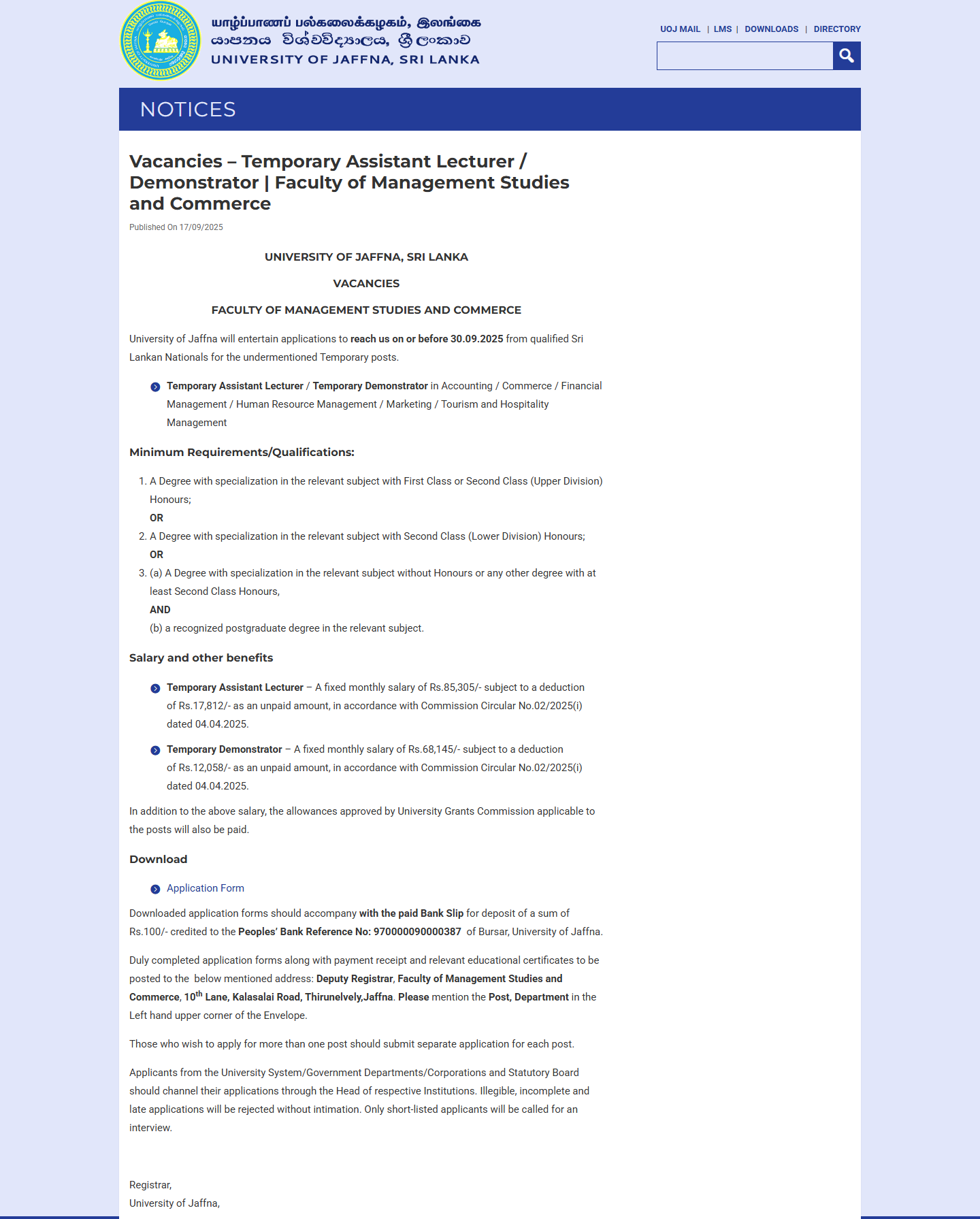 Temporary Assistant Lecturer, Demonstrator - University of Jaffna