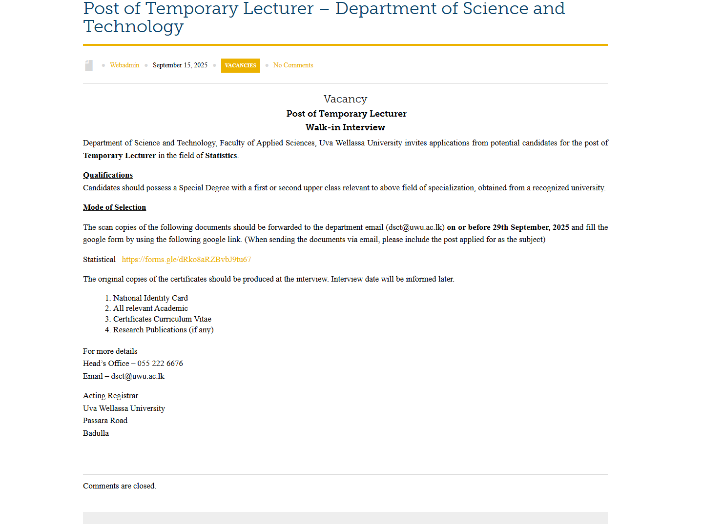 Temporary Lecturer - Uva Wellassa University