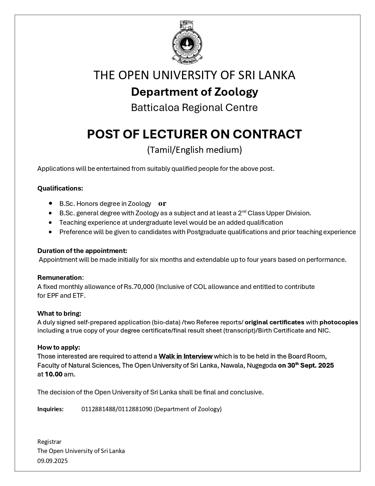 Lecturer, Temporary Lecturer - The Open University of Sri Lanka