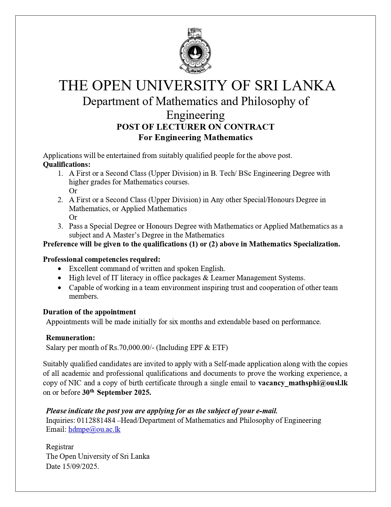 Lecturer, Temporary Lecturer - The Open University of Sri Lanka