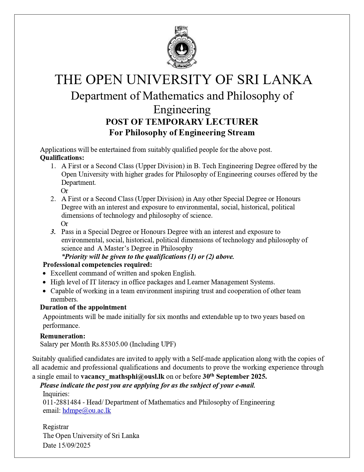 Lecturer, Temporary Lecturer - The Open University of Sri Lanka
