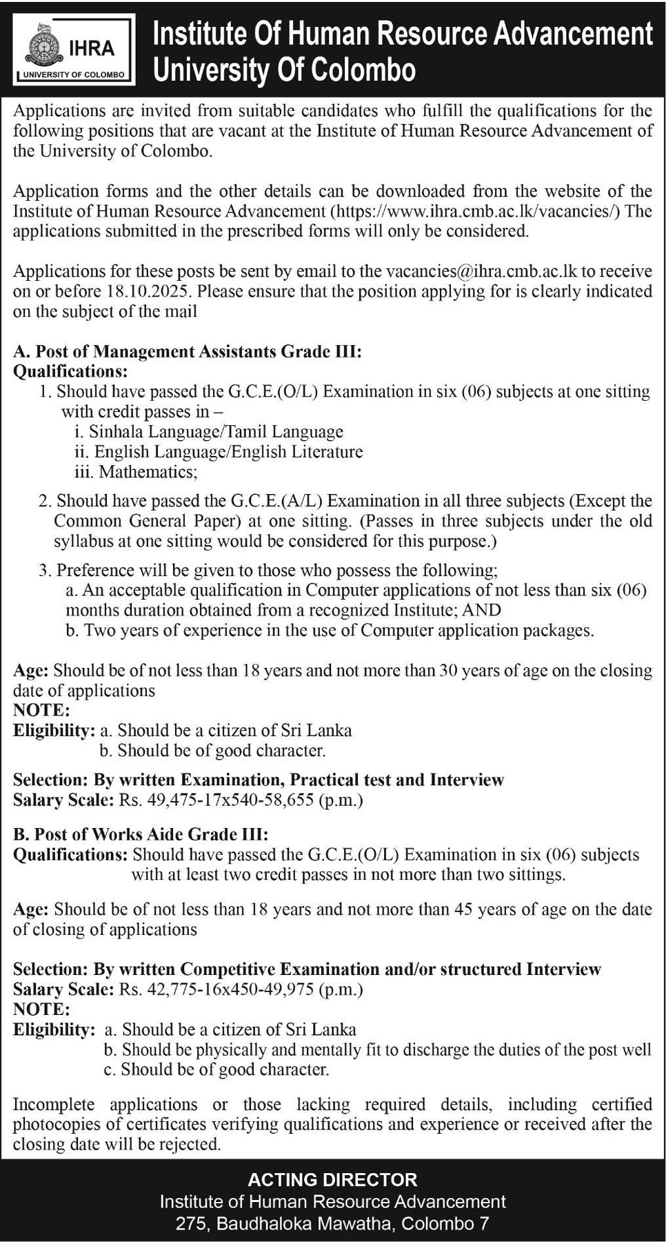Management Assistant, Works Aide - Institute of Human Resource Advancement - University of Colombo