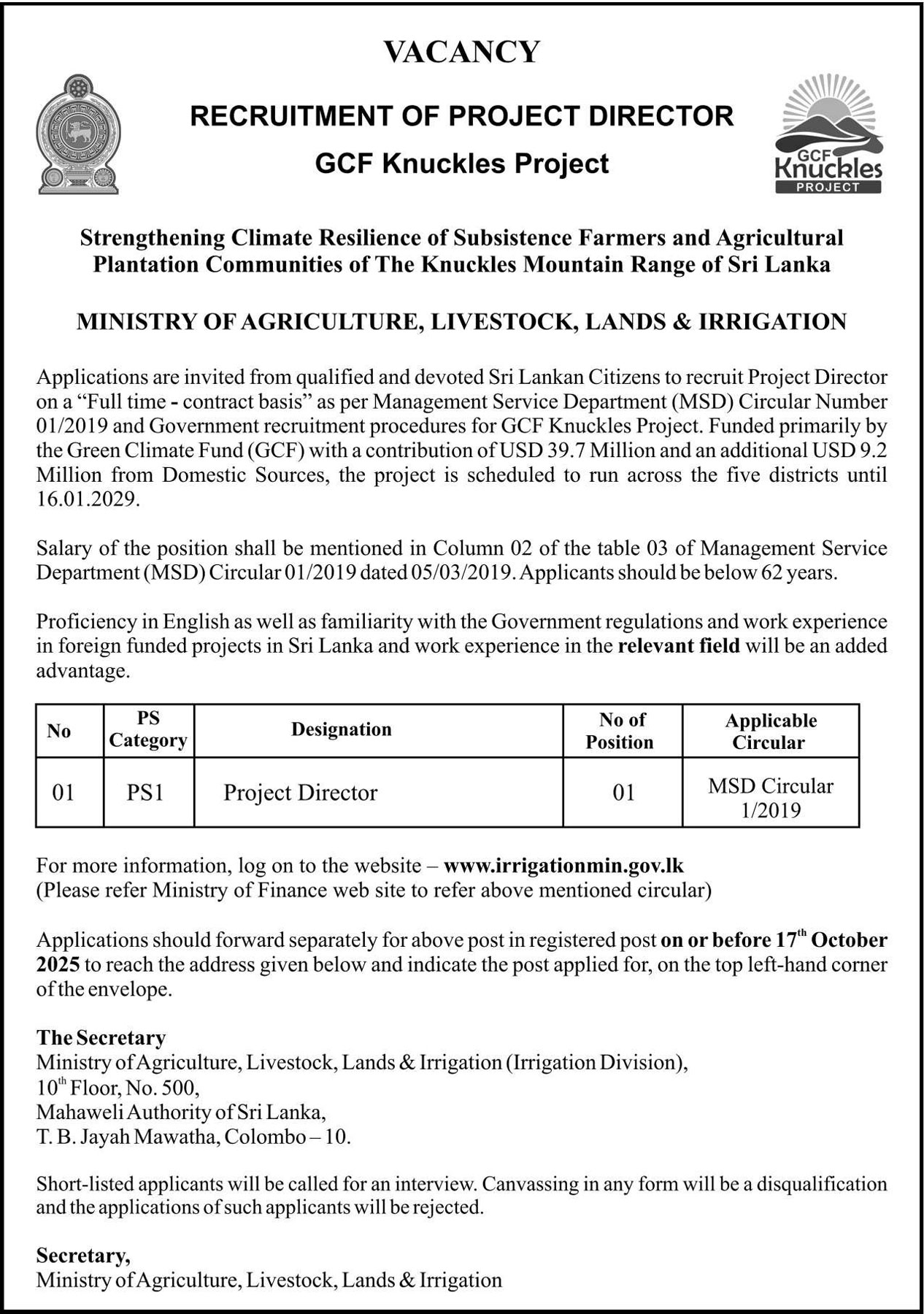 Project Director - Ministry of Agriculture, Livestock, Lands & Irrigation