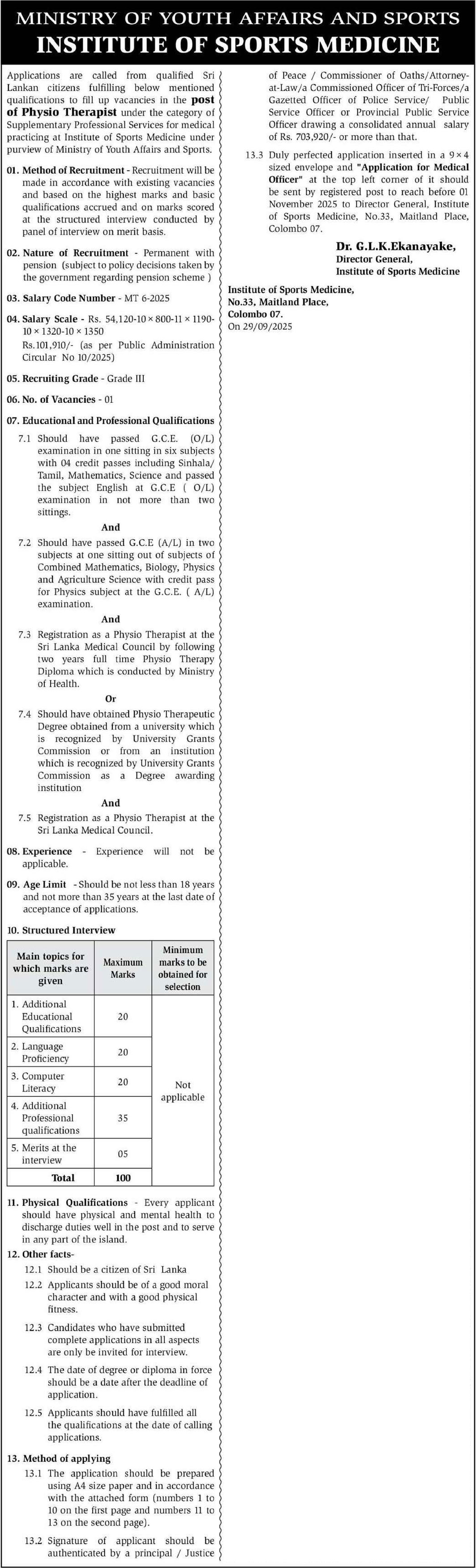 Physio Therapist - Institute of Sports Medicine