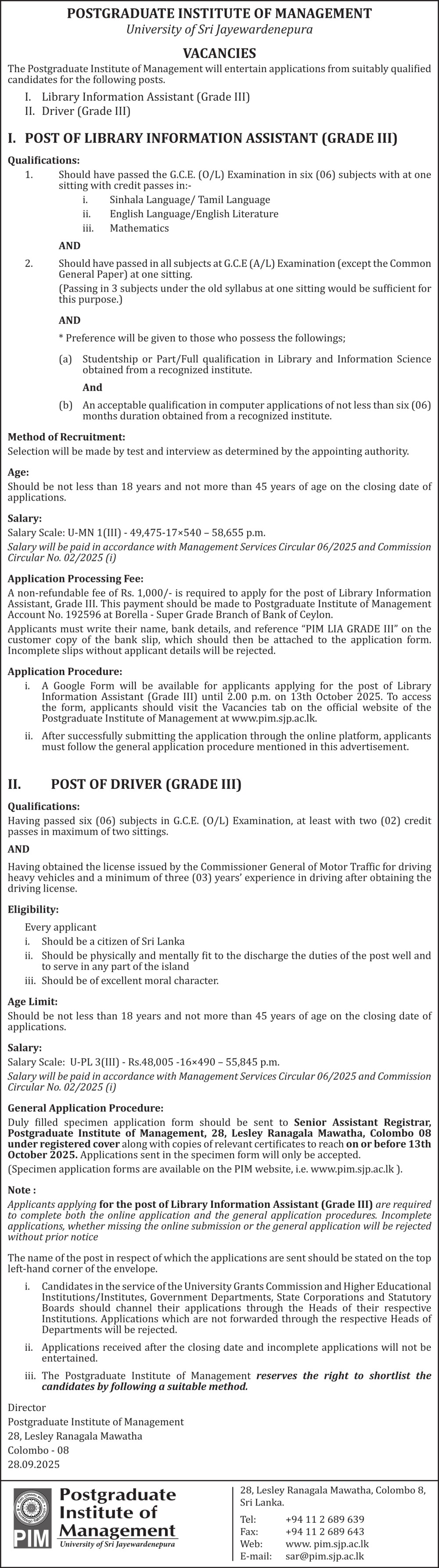 Library Information Assistant, Driver - Postgraduate Institute of Management - University of Sri Jayewardenepura