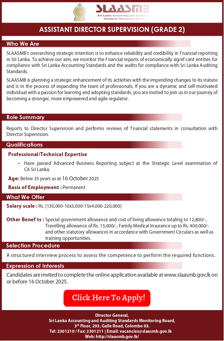 Assistant Director (Supervision) - Sri Lanka Accounting & Auditing Standards Monitoring Board