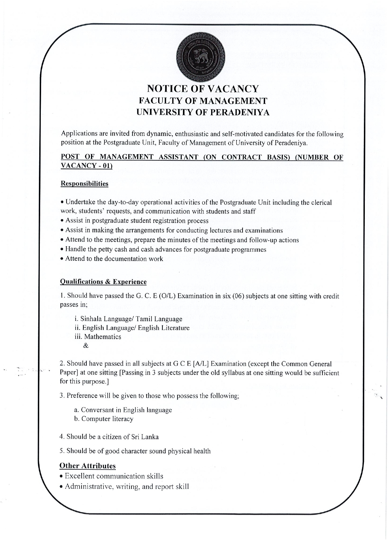 Management Assistant - University of Peradeniya