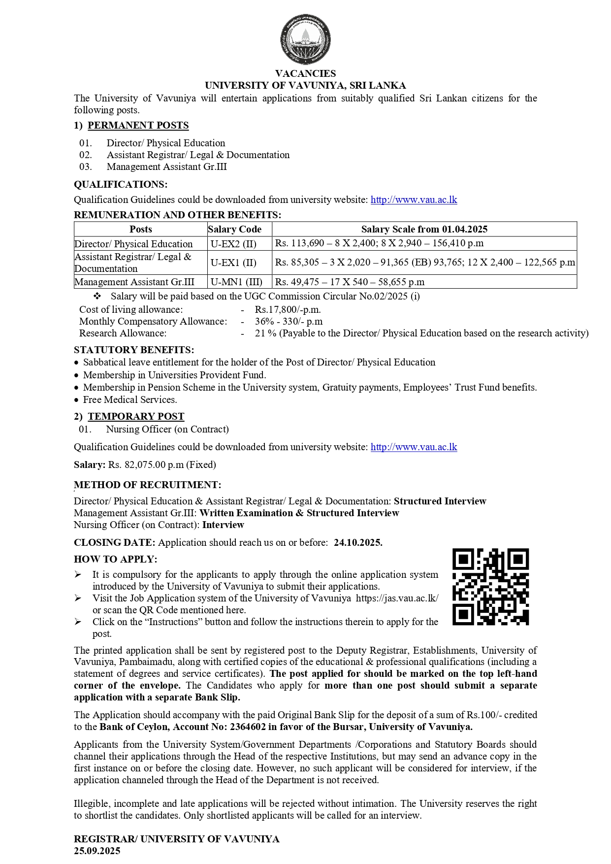  Management Assistant, Director, Assistant Registrar - University of Vavuniya
