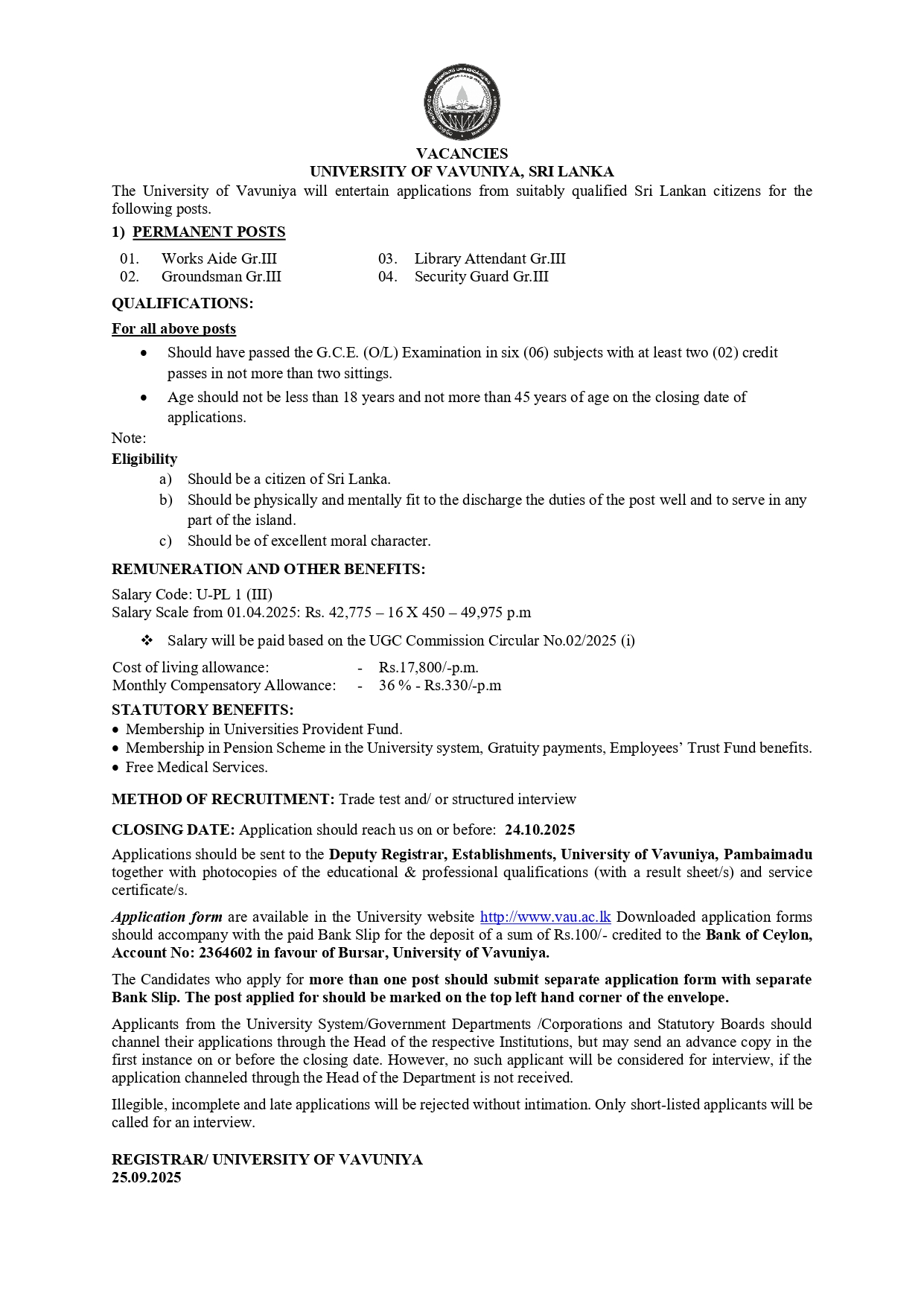 Works Aide, Groundsman, Library Attendant, Security Guard - University of Vavuniya