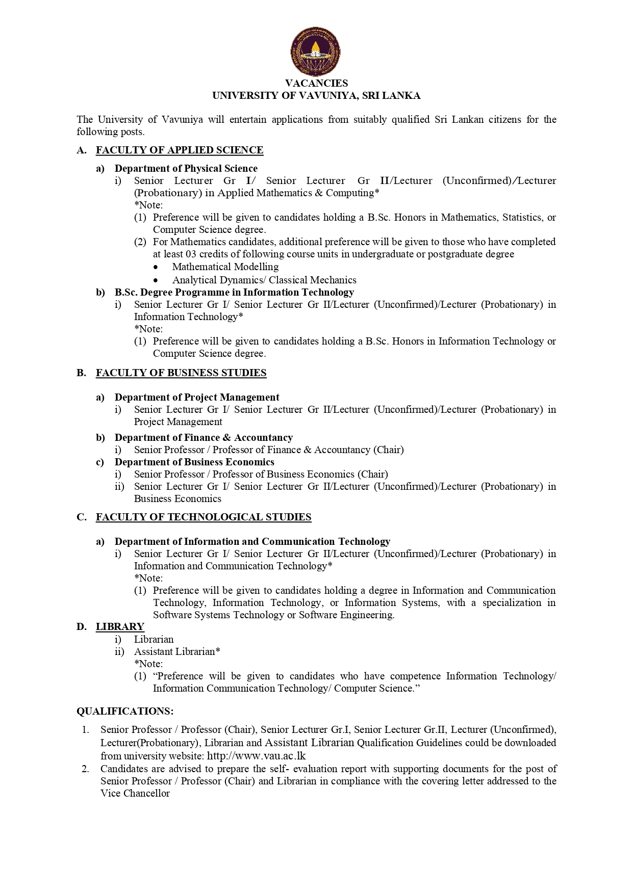 Senior Professor, Professor, Senior Lecturer, Lecturer, Librarian, Assistant Librarian - University of Vavuniya