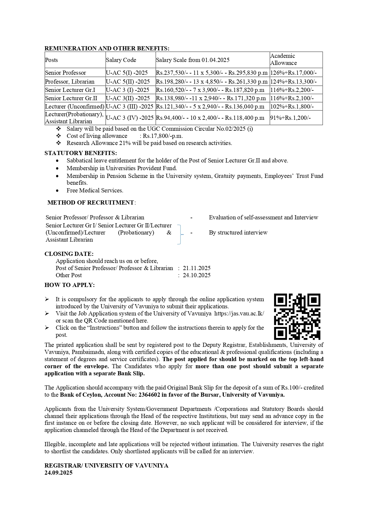 Senior Professor, Professor, Senior Lecturer, Lecturer, Librarian, Assistant Librarian - University of Vavuniya