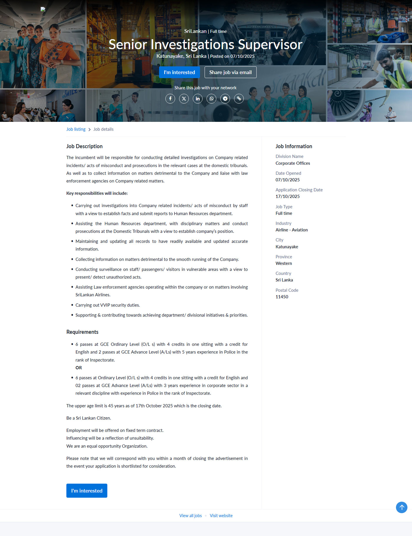 Senior Investigations Supervisor - Sri Lankan Airlines Limited