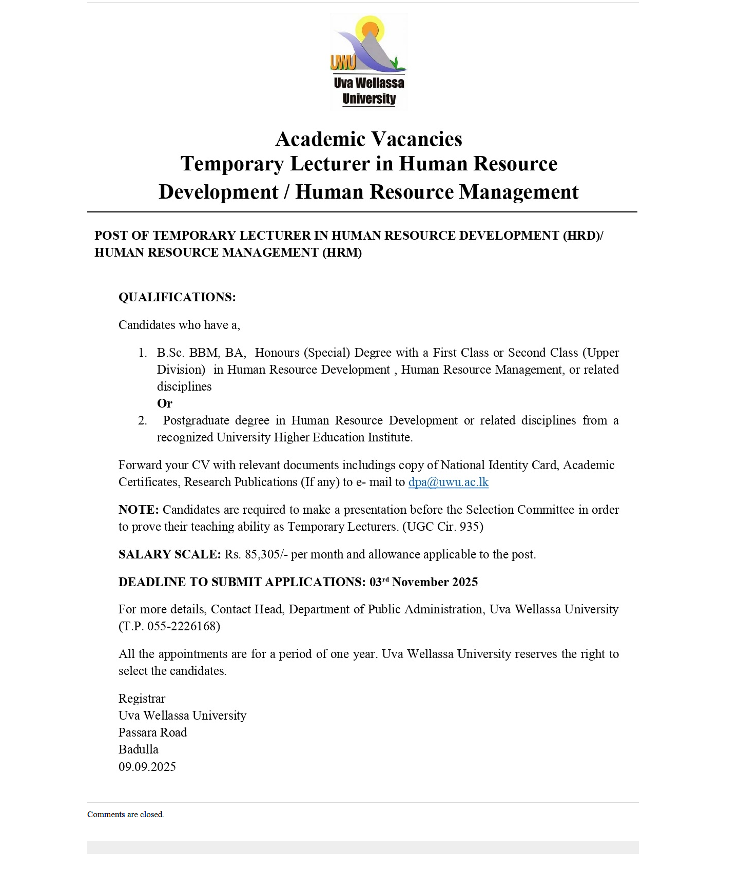 Temporary Lecturer - Uva Wellassa University