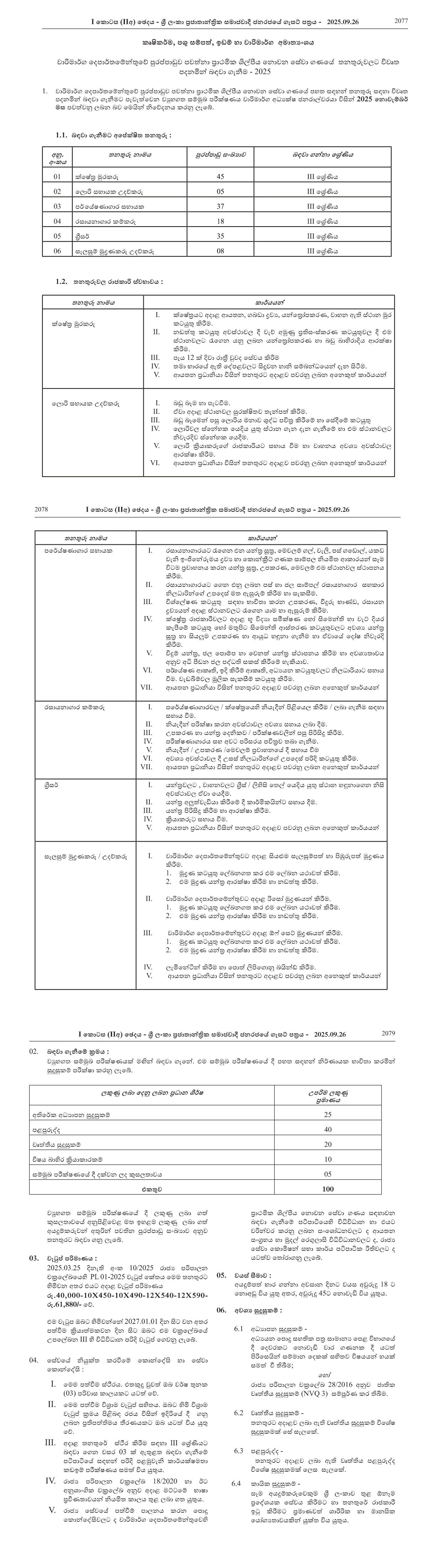 Field Watcher, Cleaner/Helper, Laboratory Attendant, Laboratory Labourer, Greaser, Plan Printer Helper - Irrigation Department 