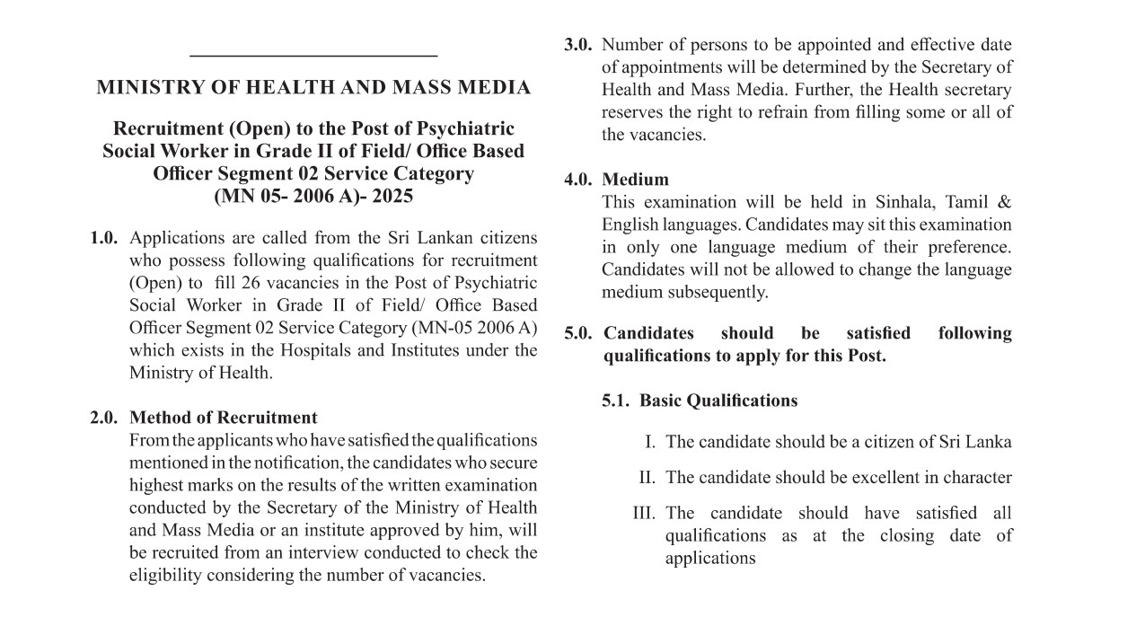Psychiatric Social Worker (Open) - Ministry of Health & Mass Media