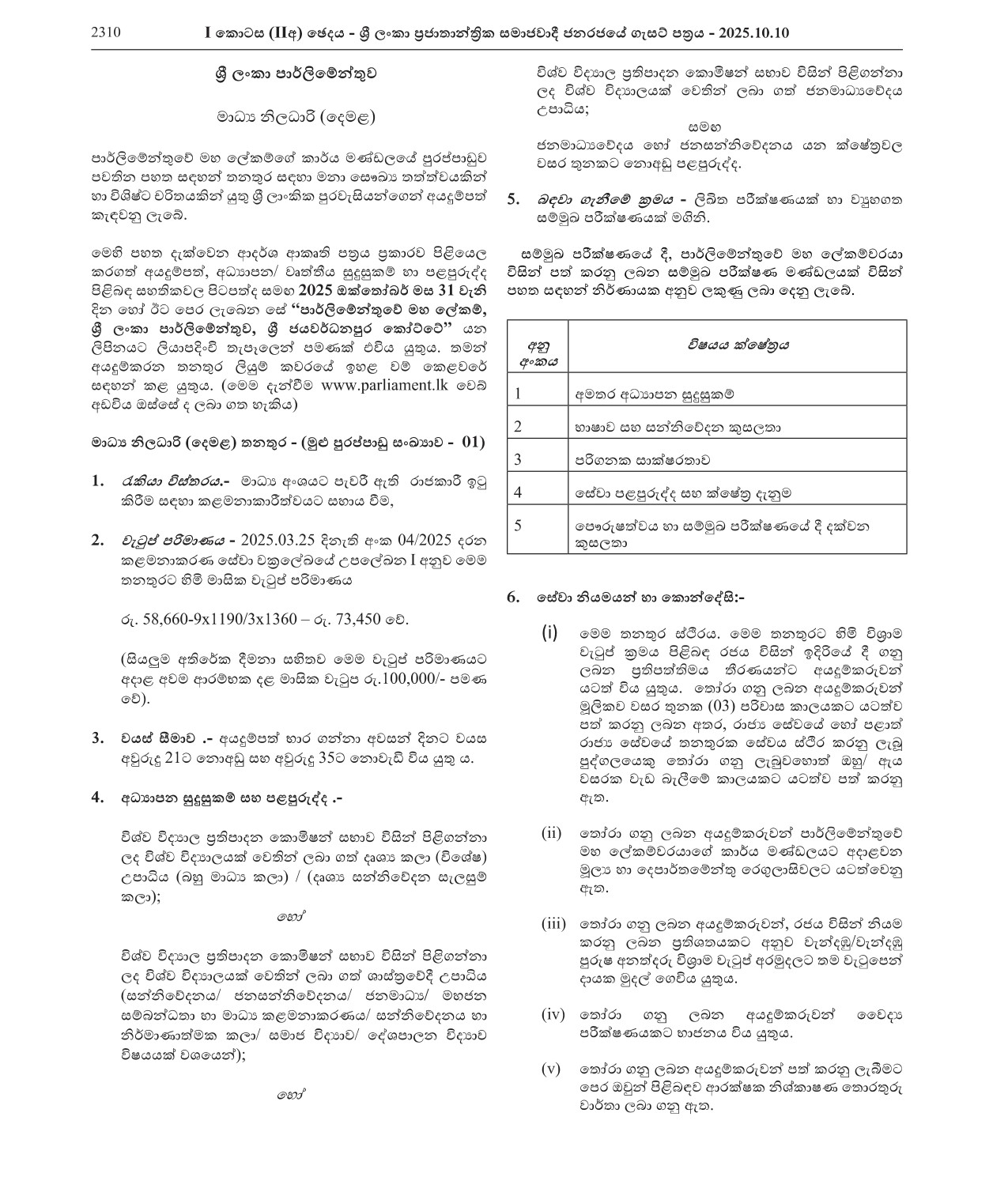 Media Officer (Tamil) - Parliament of Sri Lanka