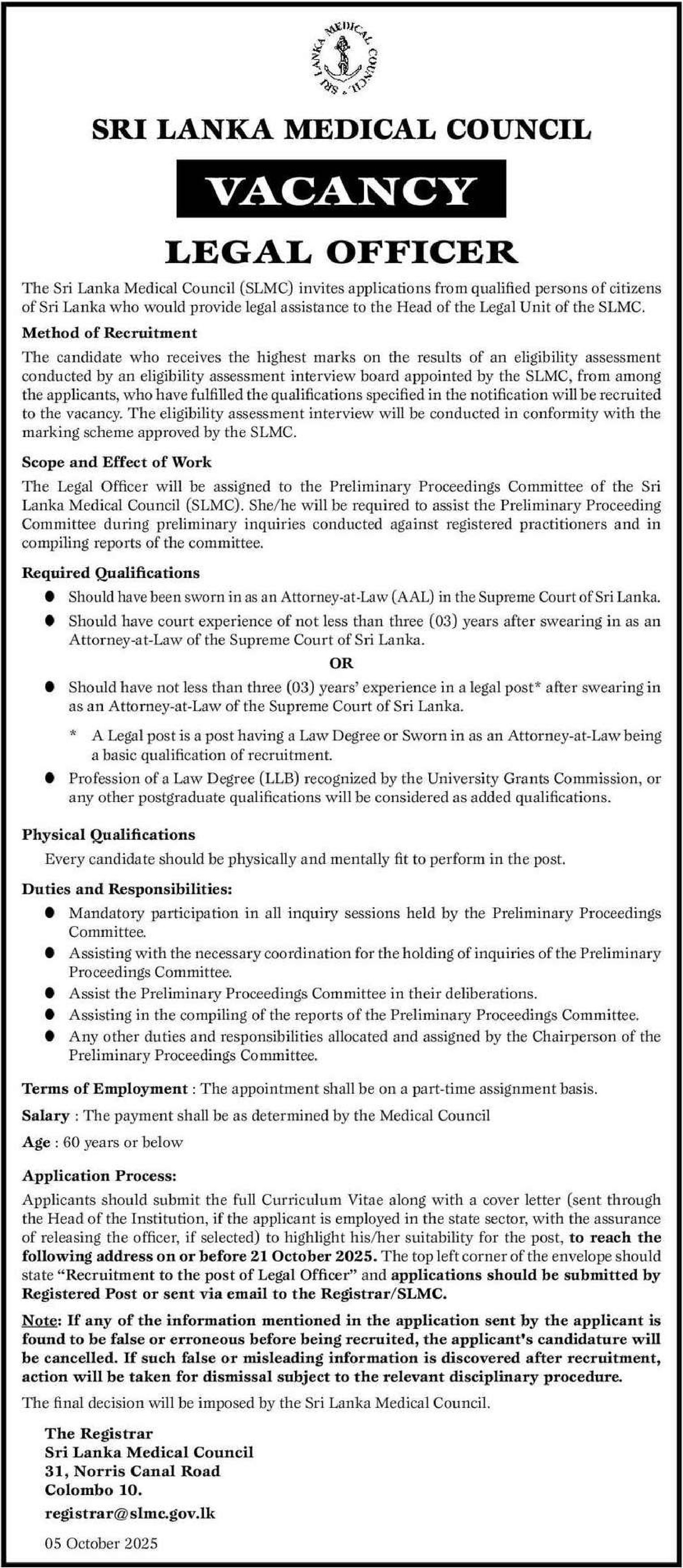 Legal Officer - Sri Lanka Medical Council