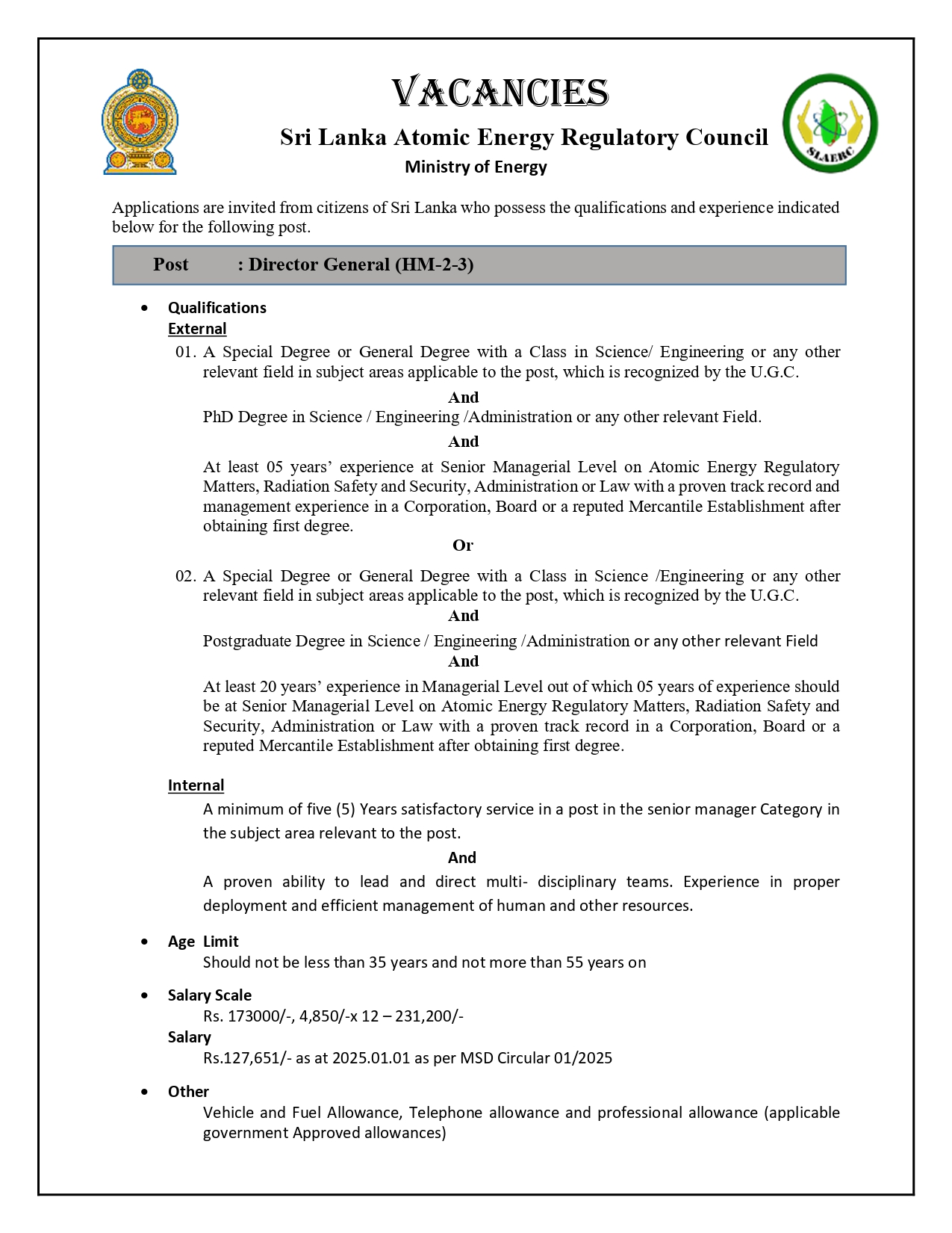 Director General - Sri Lanka Atomic Energy Regulatory Council