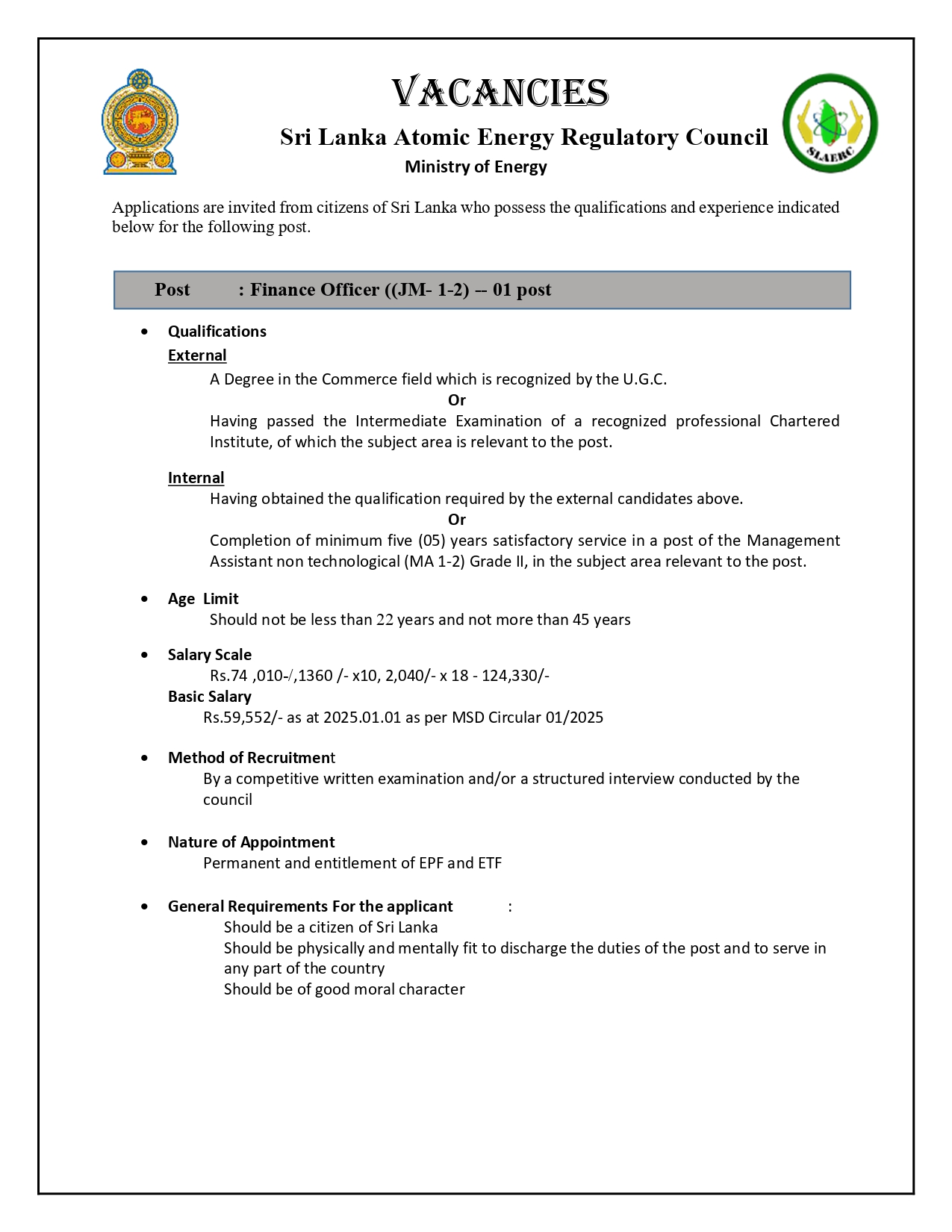 Finance Officer -Sri Lanka Atomic Energy Regulatory Council