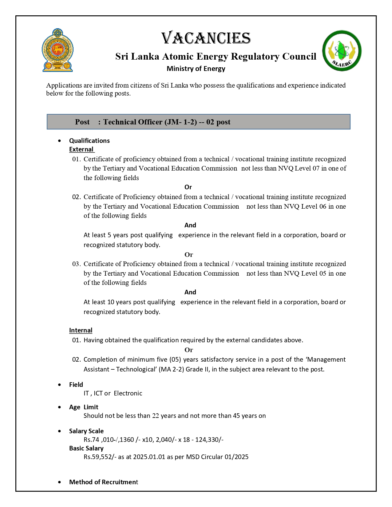 Technical Officer - Sri Lanka Atomic Energy Regulatory Council