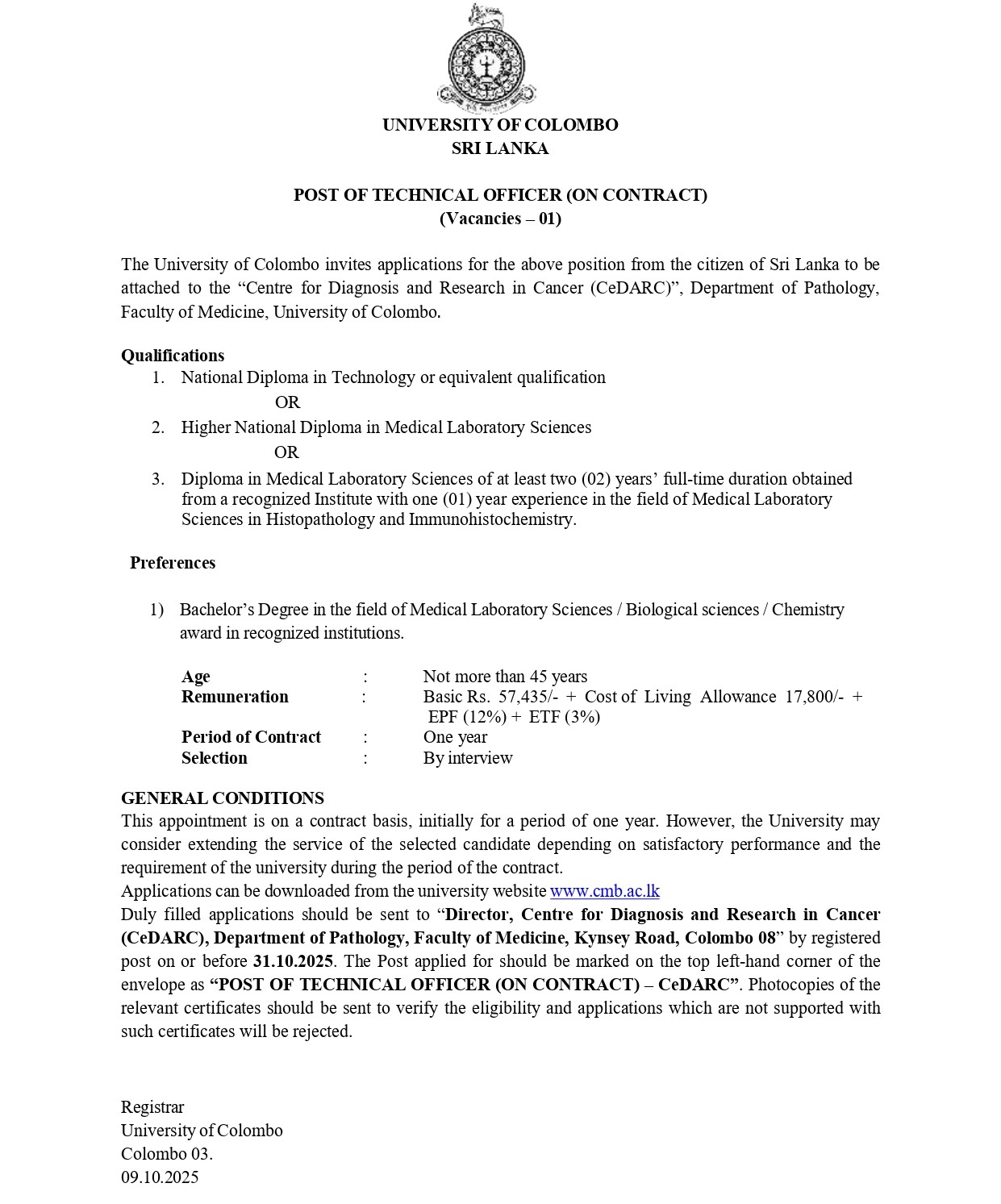 Technical Officer - University of Colombo