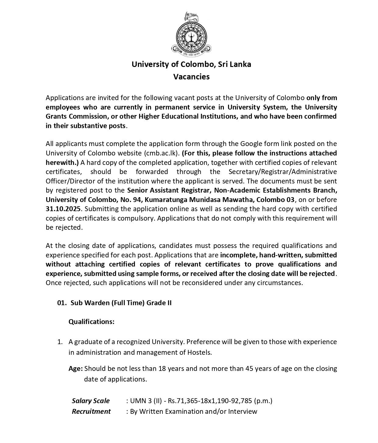 Management Assistant (Book Keeping, Shroff), Sub Warden - University of Colombo