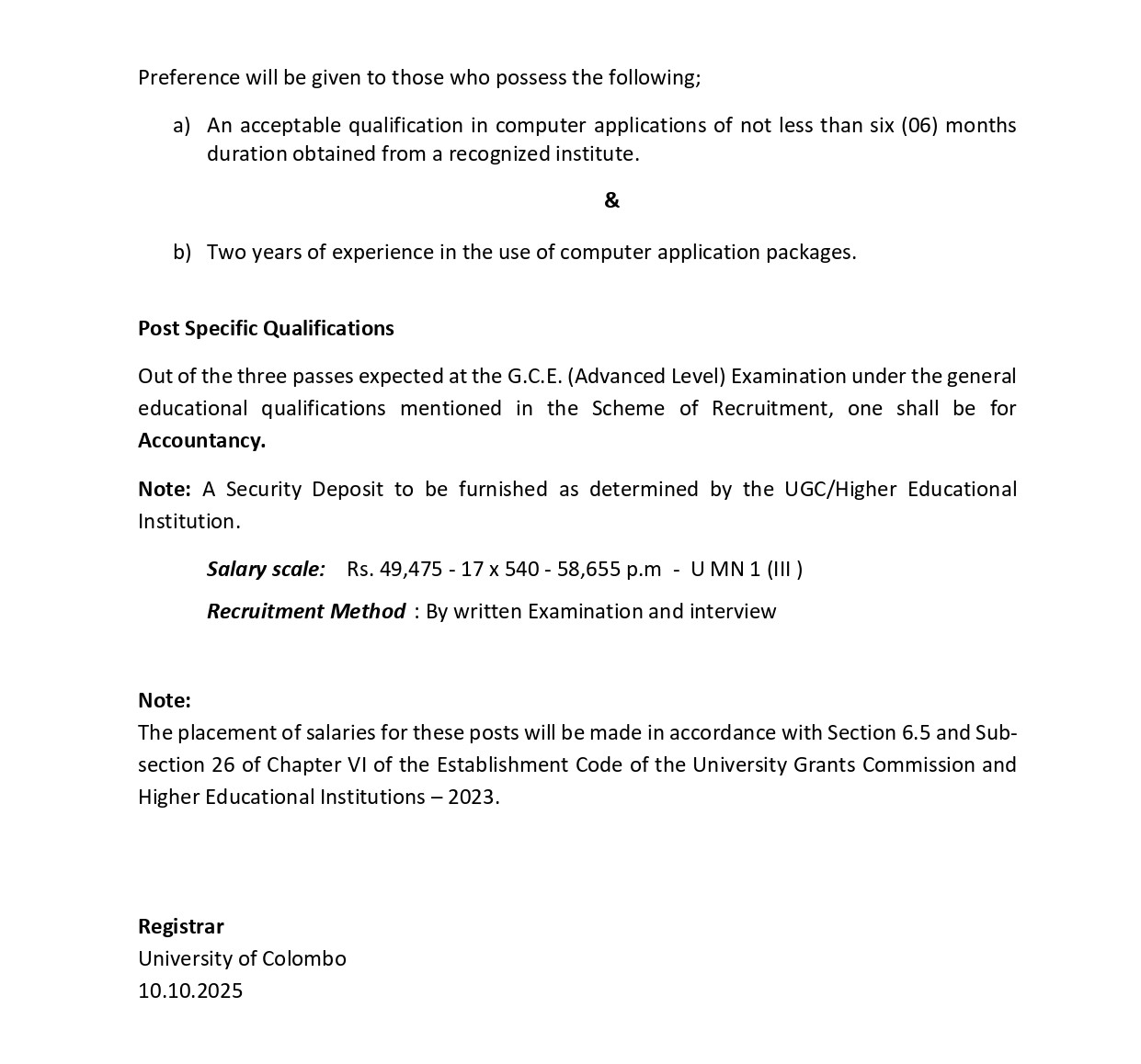 Management Assistant (Book Keeping, Shroff), Sub Warden - University of Colombo