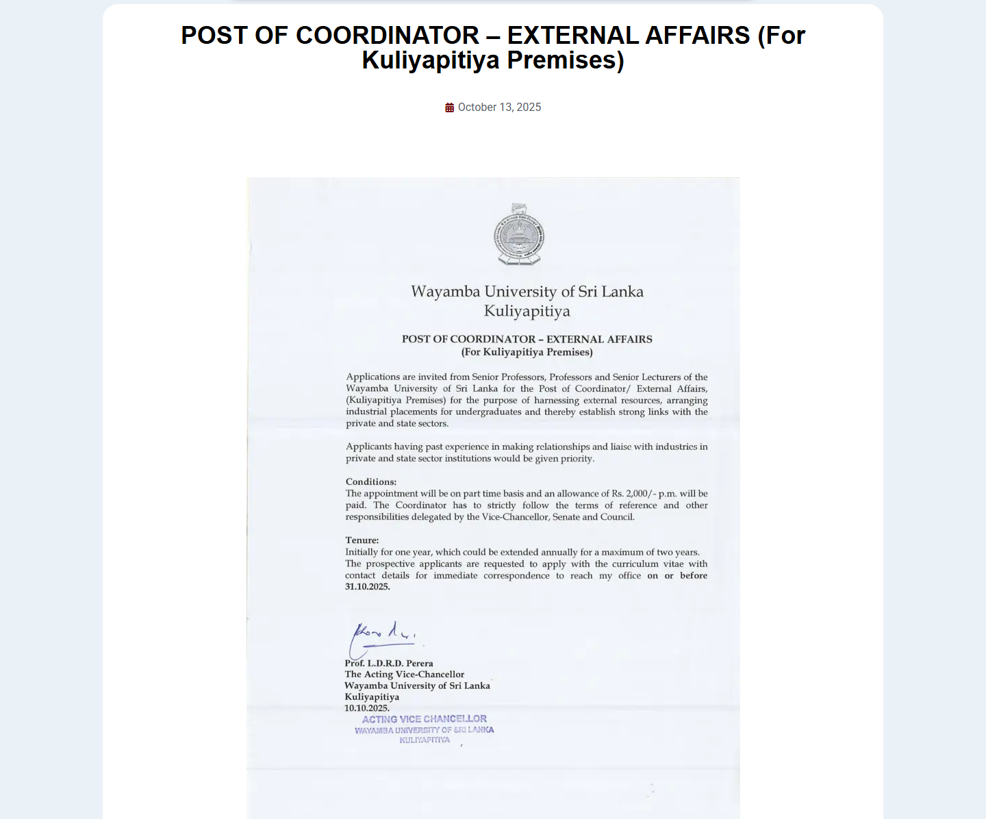 Coordinator - Wayamba University of Sri Lanka