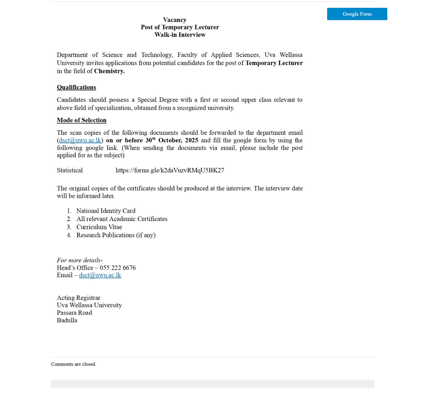 Temporary Lecturer - Uva Wellassa University