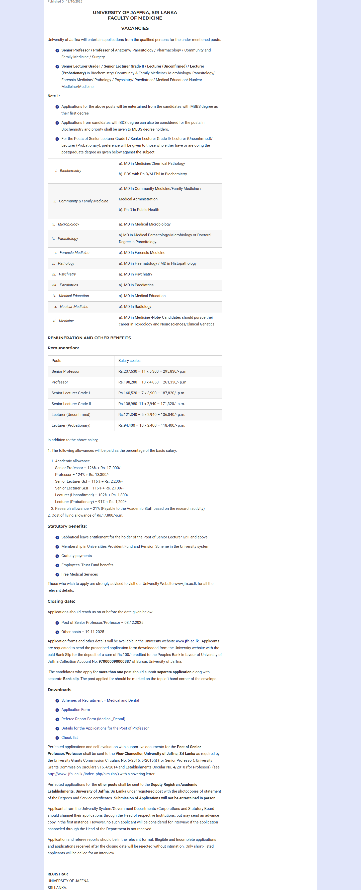 Senior Professor, Professor, Senior Lecturer, Lecturer - University of jaffna