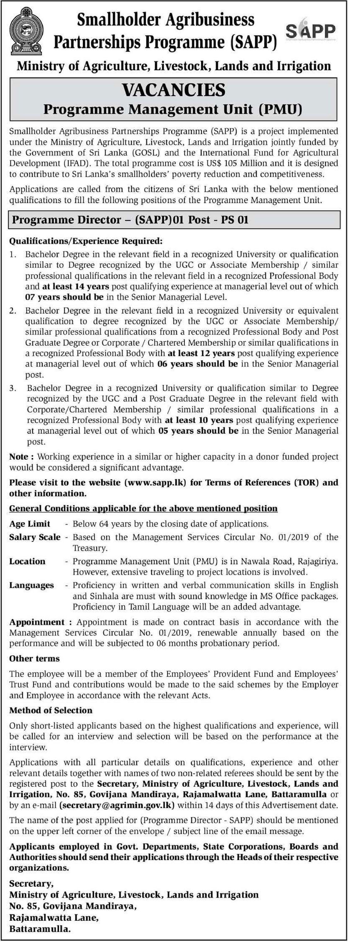Programme Director - Smallholder Agribusiness Partnerships Programme (SAPP) - Ministry of Agriculture, Livestock, Lands & Irrigation