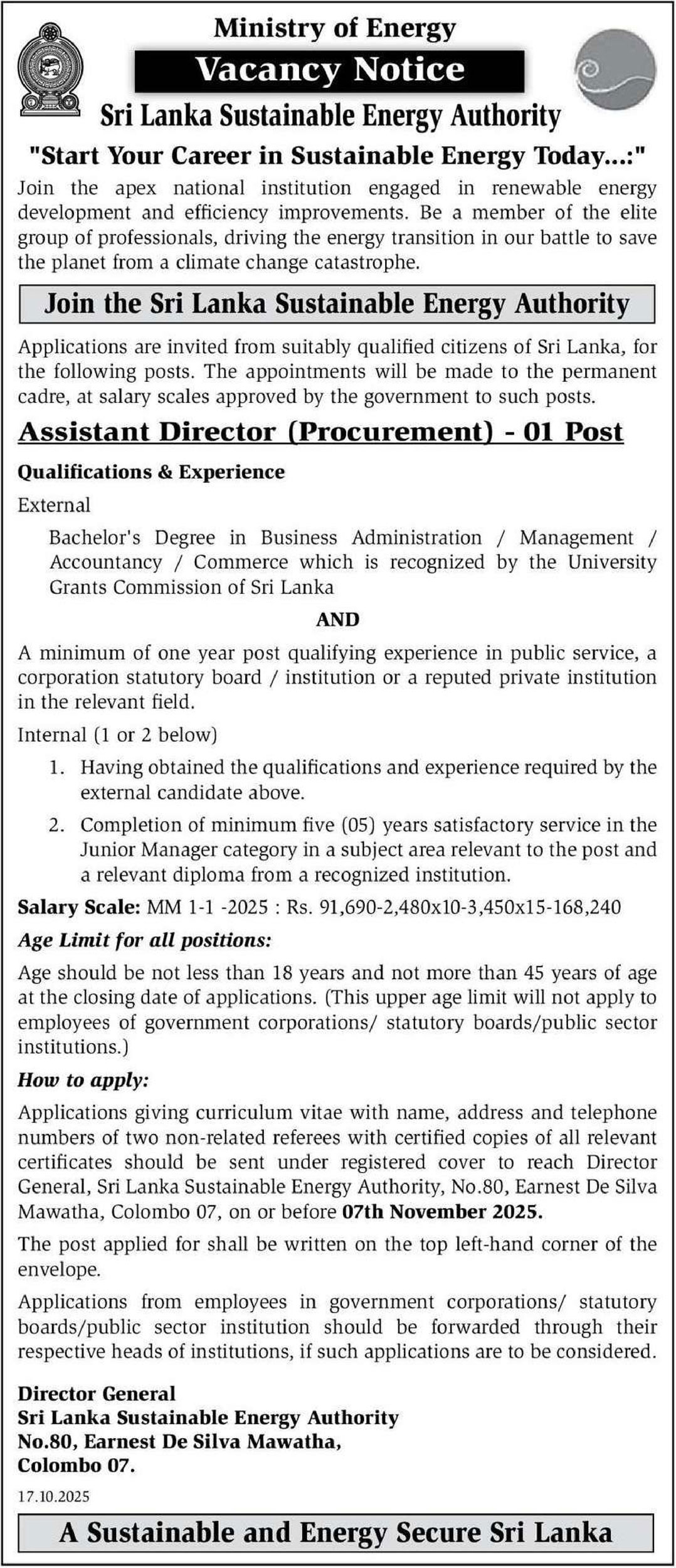 Assistant Director (Procurement) - Sri Lanka Sustainable Energy Authority