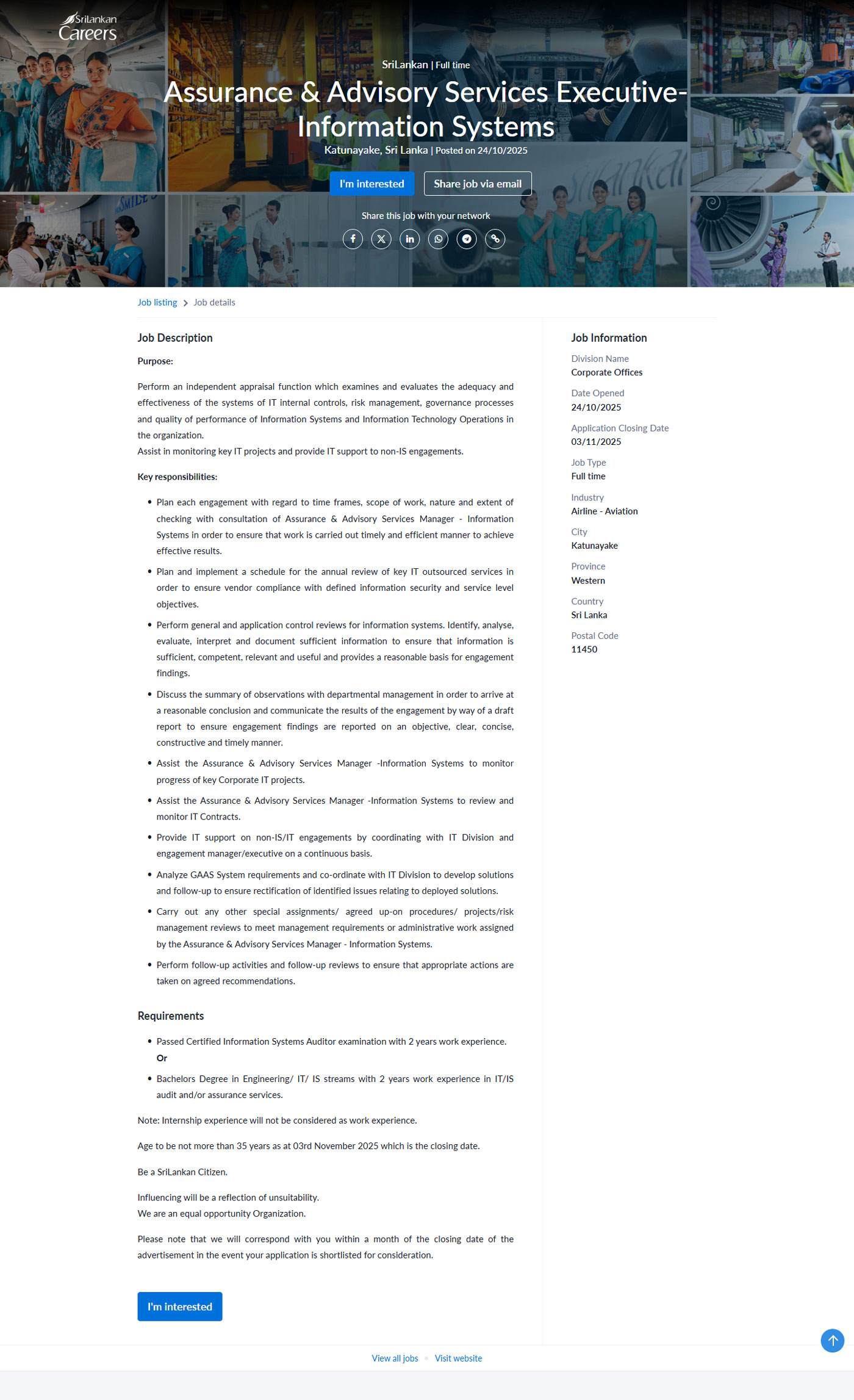 Assurance & Advisory Services Executive (Information Systems) - Sri Lankan Airlines Limited