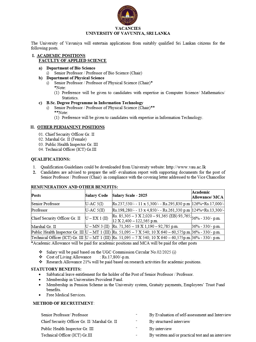 Technical Officer (ICT), Public Health Inspector, Marshal, Chief Security Officer, Senior Professor, Professor - University of Vavuniya