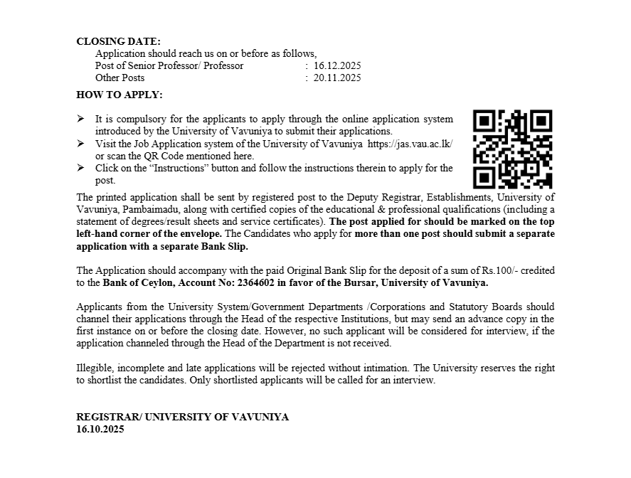 Technical Officer (ICT), Public Health Inspector, Marshal, Chief Security Officer, Senior Professor, Professor - University of Vavuniya