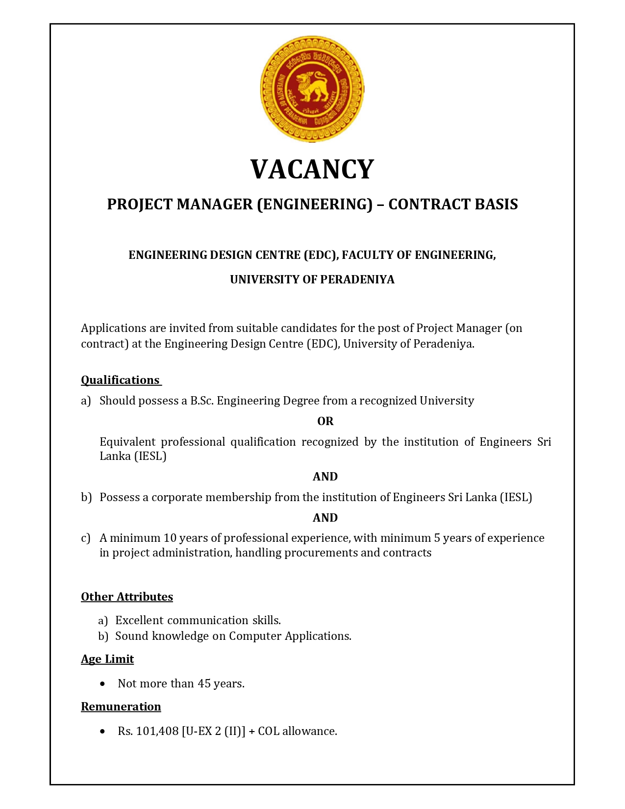 Project Manager (Engineering) - University of Peradeniya